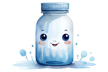 Watercolor illustration of a blue plastic bottle with a smiling face.の素材