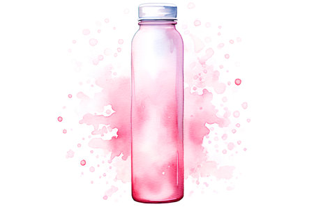 Watercolor bottle with pink watercolor splashes on white background.の素材