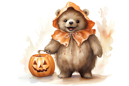 Watercolor illustration of a cute bear in a pumpkin costume for Halloween.の素材