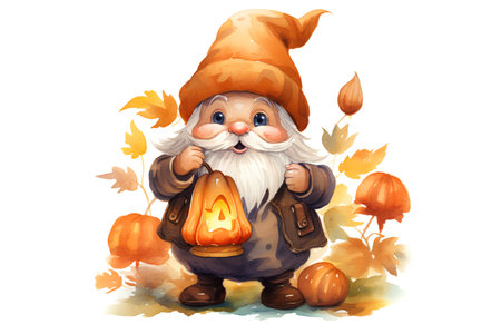 Cute gnome with pumpkins. Watercolor hand drawn illustrationの素材