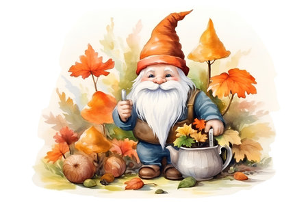 Watercolor illustration of a gnome with a pot full of autumn leavesの素材