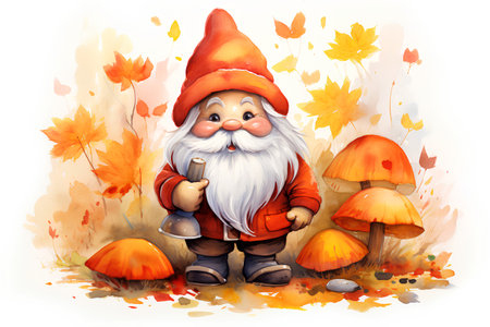 Cartoon gnome with a pot in his hands on a background of autumn leaves.の素材