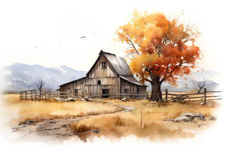 Watercolor illustration of an old wooden barn in the middle of an autumn landscapeの素材