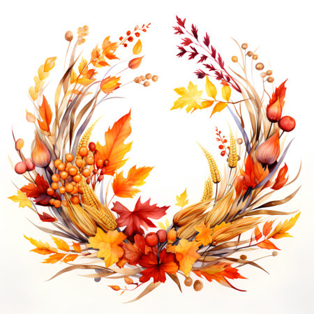 Watercolor autumn wreath with leaves, berries and acorns.の素材