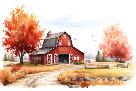 Watercolor red barn in autumn. Hand drawn illustration. Farm.の素材