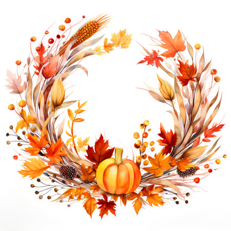 Watercolor autumn wreath with leaves, pumpkins and berries.の素材