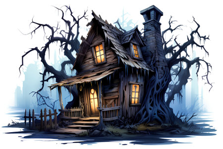 Halloween night scene with haunted house and dead tree. Vector illustration.の素材