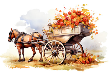 Horse drawn carriage with autumn leaves and berries. Watercolor illustrationの素材