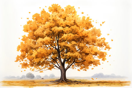 Autumn tree with yellow leaves on white background. Watercolor illustrationの素材