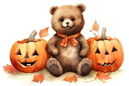 Halloween bear with pumpkins. Watercolor illustration on white background.の素材