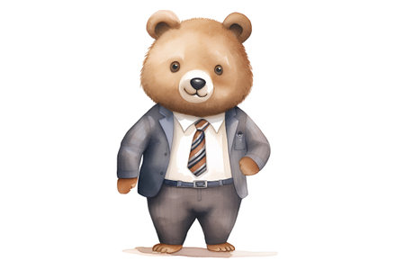 cute bear with tie on white background, watercolor illustration.の素材