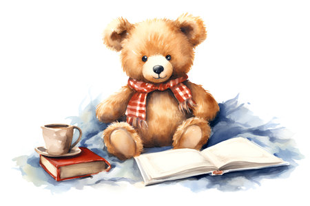Watercolor teddy bear with a book and a cup of coffeeの素材