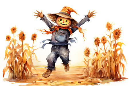 Halloween scarecrow in corn field. Watercolor hand drawn illustrationの素材