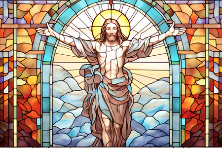 Illustration in stained glass style of Jesus Christ on the cross.の素材