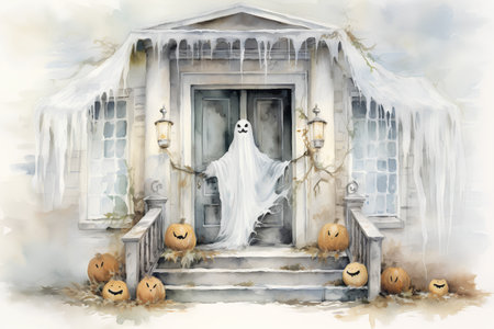 Watercolor illustration of a ghost and pumpkins in front of the house.の素材