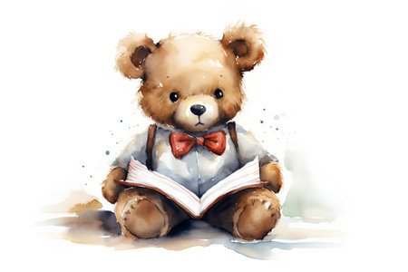 Watercolor illustration of a cute teddy bear with a book.の素材
