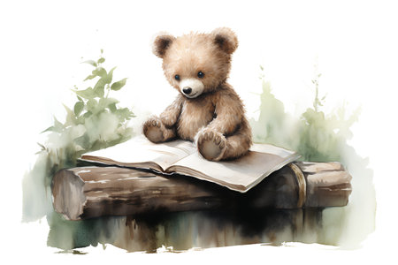 Watercolor illustration of a teddy bear sitting on a book.の素材