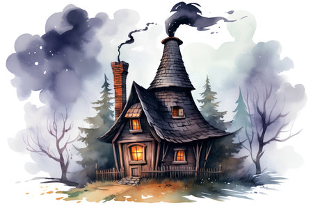 Watercolor illustration of a house in the forest with smoking chimneyの素材