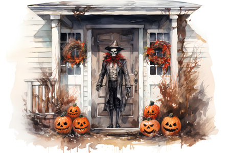 Watercolor illustration of a halloween witch on the porch of a house.の素材