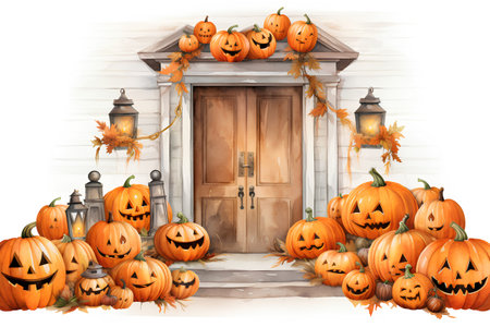 Halloween pumpkins in front of the door. Watercolor illustrationの素材