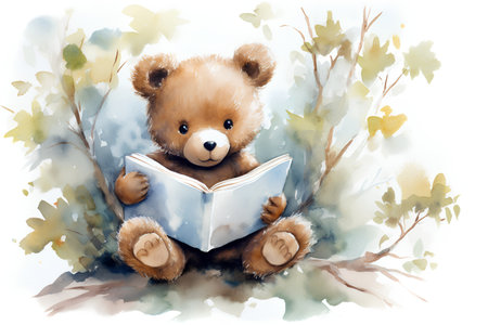 Cute teddy bear reading a book. Watercolor illustration.の素材