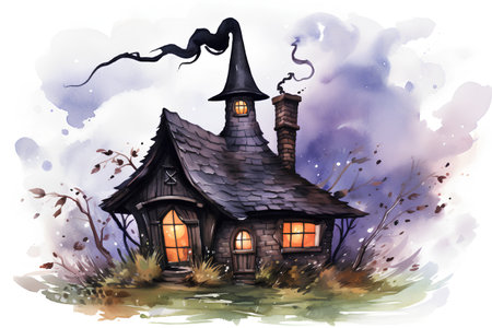 Watercolor illustration of a witch's house in the forest. Halloween illustrationの素材