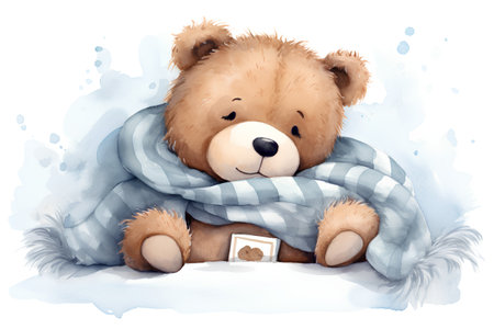 Cute teddy bear with plaid. Watercolor illustration.の素材