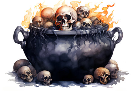 Cauldron with human skulls, isolated on white background. Watercolor illustrationの素材