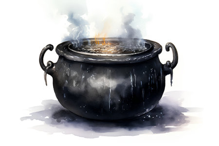 Watercolor cauldron with fire and smoke on a white background.の素材