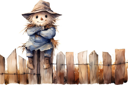 Watercolor illustration of a scarecrow sitting on a wooden fence.の素材