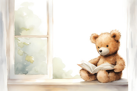 Watercolor illustration of a cute teddy bear reading a book near the windowの素材
