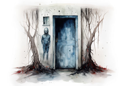 Zombie in front of a door. Watercolor illustration. Halloween.の素材