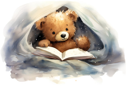 Cute teddy bear reading a book. Watercolor illustration.の素材