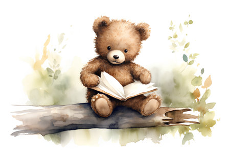 Watercolor teddy bear reading a book. Hand drawn illustration.の素材