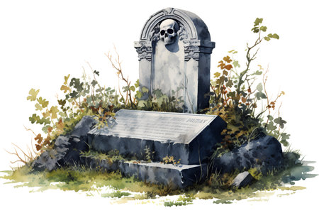 Gravestone with a skull in the cemetery. Watercolor illustrationの素材