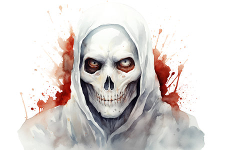 Watercolor portrait of a scary ghost with blood splashes on a white backgroundの素材