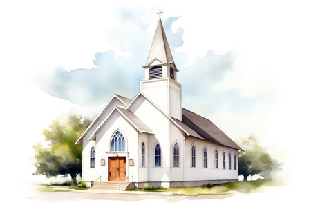Watercolor illustration of a church in the countryside. Hand-drawn illustration.の素材