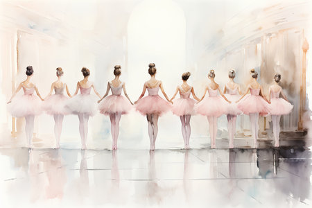 Digital watercolor painting of a group of beautiful ballerinas in pink tutu and ballet shoes.の素材
