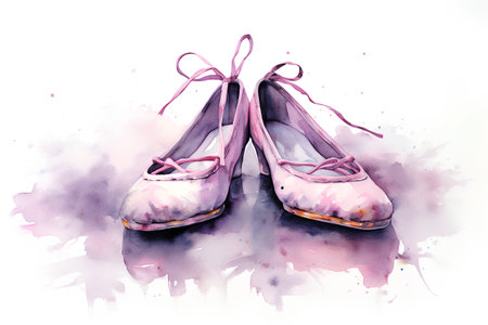 Watercolor illustration of a pair of pink ballet flats on a white backgroundの素材