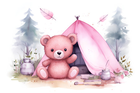 Watercolor illustration of a teddy bear sitting in a tent.の素材