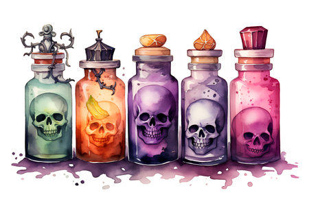 Bottles with magic potion and skull. Hand drawn watercolor illustrationの素材