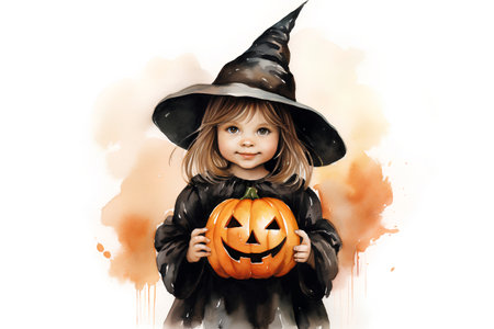 Little girl in a witch costume with a pumpkin on a white backgroundの素材