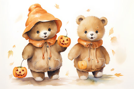 Cute teddy bears in orange hats and scarves with pumpkins.の素材