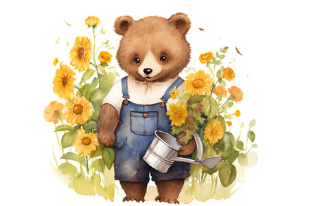 Watercolor illustration of a cute bear in overalls with a watering can.の素材