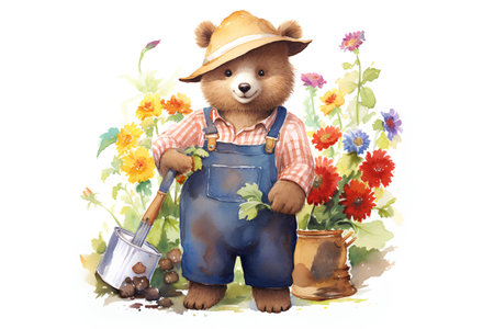 Watercolor illustration of a bear gardener with a shovel, watering can and flowers.の素材