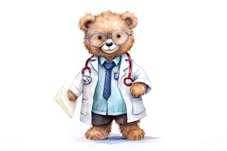 Teddy bear doctor with a stethoscope and a book.の素材