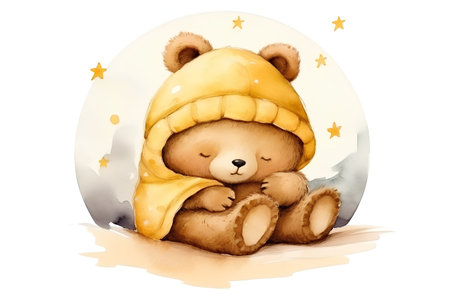 Cute teddy bear in a warm hat. Watercolor illustrationの素材
