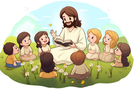 Jesus and children in the meadow with flowers. Vector illustration.の素材