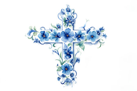 Cross with blue flowers. Watercolor illustration isolated on white background.の素材