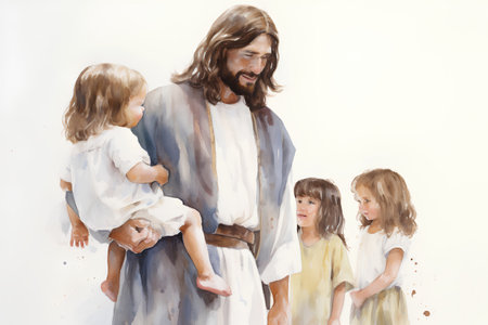 Jesus Christ with children on a white background. Watercolor illustration.の素材